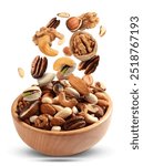 Pecan and other nuts falling into wooden bowl on white background