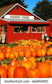 Peconic, NY USA October 1 A Farm Stand In Peconic, New York, On The North Fork Of Long Island, Displays A Bounty Of Pumpkins For Halloween And Fall Decorations