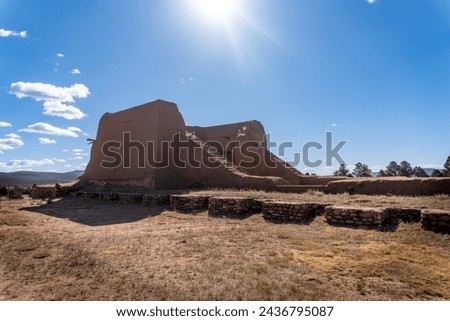 Pecos National Historic Park in New Mexico. Pecos Pueblo Mission Church Mission Nuestra Señora de los Ángeles de Porciúncula de los Pecos, a Spanish mission near the pueblo built in early 17th century