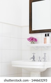 Pedestal Sink And Mirror Frame In Bathroom