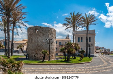 pedestrian area on the ramparts of Alghero - Sardinia in a sunny day of spring near the anciet powder keg towers
