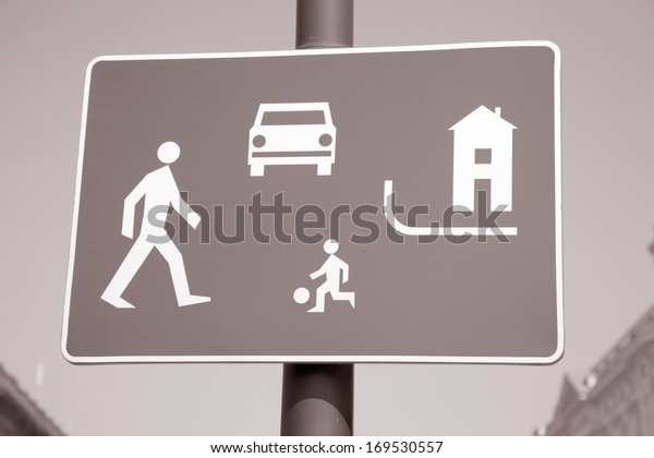 Pedestrian Area Sign in Urban Setting With\
Blue Sky Background