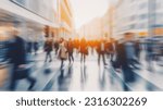 Pedestrian blur, crowd of people walking in London city, panoramic view of people crossing the street