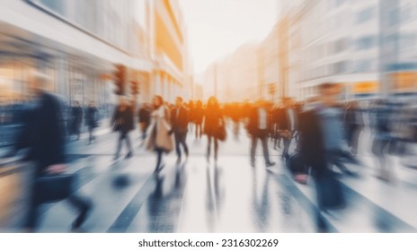 Pedestrian blur, crowd of people walking in London city, panoramic view of people crossing the street
