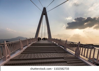 Pedestrian Bridge At Fisherman's Wharf (lovers Bridge) Danshui/tamsui. Taipei, Taiwan. Fisherman's Wharf, Famous Bridge Where Couples Come To View The Sunset. Wide Angle Perspective Looking Up,