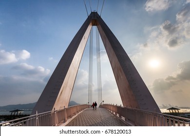 Pedestrian Bridge At Fisherman's Wharf (lovers Bridge) Danshui/tamsui. Taipei, Taiwan. Fisherman's Wharf, Famous Bridge Where Couples Come To View The Sunset. Wide Angle Perspective Looking Up,