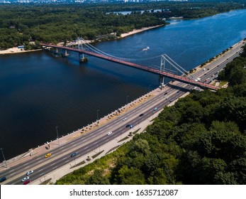 Pedestrian Bridge In Kiev , Drone View