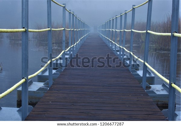 Pedestrian\
bridge near Mežotne\'s Palace in foggy\
morning