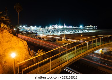 Pedestrian Bridge Over Pacific Coast Highway At Night, In Santa Monica, California.