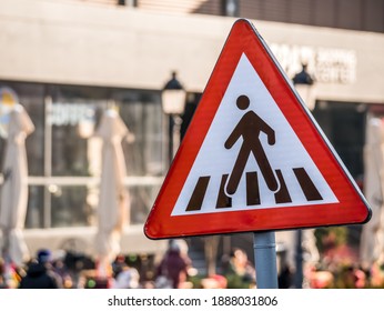 Pedestrian Crossing Traffic Sign. Red  Triangle And A Man Crossing The Street.