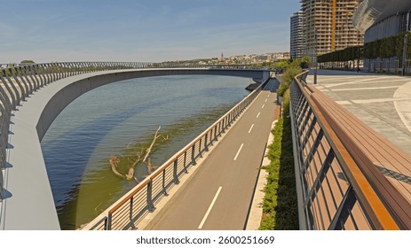 Pedestrian Loop Bridge Elevated Walkway and Dual Bike Lane at River Sava in Belgrade Serbia