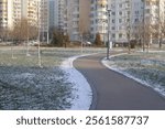 pedestrian paths in the winter landscape park in South Butovo, Moscow, December 2024