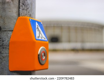 A Pedestrian Sign And A Button On A Pedestrian Crossing. A Zebra Crossing, Encouraging People To Wait For The Appropriate Signal And Press The Button. Pedestrian Safety.