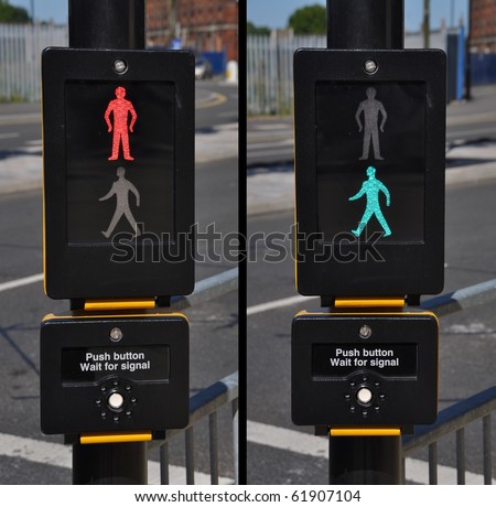 pedestrian traffic lights, red and green walk sign (road background)