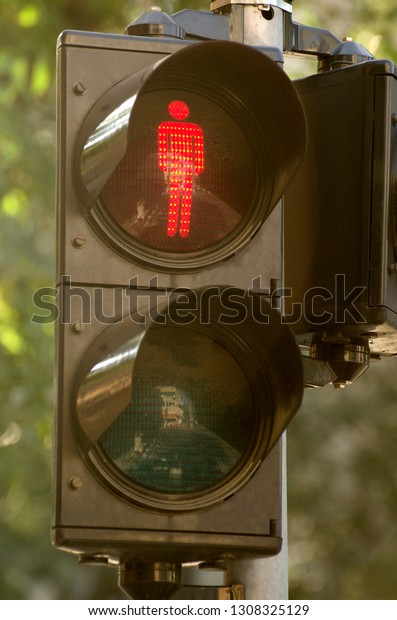 Pedestrian traffic\
lights with red light lit\
on