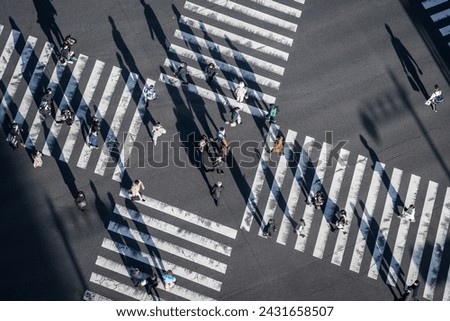 Pedestrians crossing the street at a busy intersection in Ginza, a popular upscale shopping area of Tokyo, Japan.