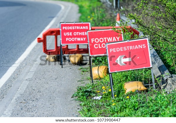 Pedestrians\
Footpath Closed Roadworks signs UK\
motorway