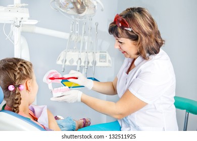 Pediatric dentist showing basic dental hygiene principles