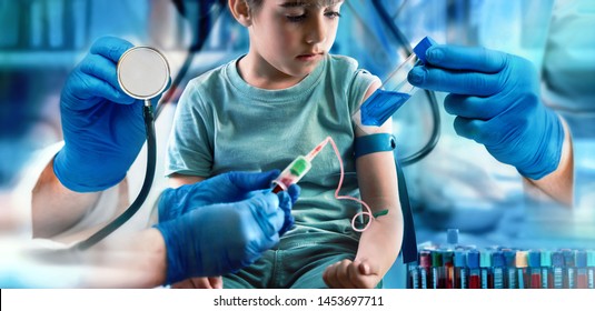 Pediatric Medical Diagnostic Concept. - Around Child Patient Is The Hand Of A Doctor With A Stethoscope, Hands Making A Blood Test And Hand That Delivers A Tube Of Medicine / Children Health Checkup