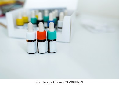 Pediatrician Allergy Test. Allergy Testing On Working Table In Working Environment Of Doctor Of Internal Medicine, Allergologist, General Practice, Pediatrician Top View Top-down Photo