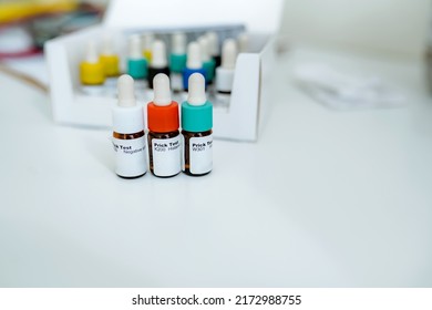 Pediatrician Allergy Test. Allergy Testing On Working Table In Working Environment Of Doctor Of Internal Medicine, Allergologist, General Practice, Pediatrician Top View Top-down Photo