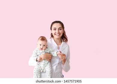 Pediatrician With Cute Little Baby On Color Background