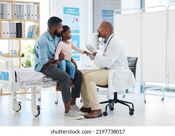 Pediatrician doctor consulting black kid patient for healthcare service, medical help and wellness check in hospital clinic. Friendly, trust and kind african family gp expert for healthy child advice