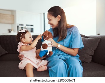 Pediatrician doctor consulting kid, teddy bear and happy healthcare checkup at home visit. Happy baby girl, occupational therapy and woman nurse therapist play in lounge for children wellness service - Shutterstock ID 2205008671