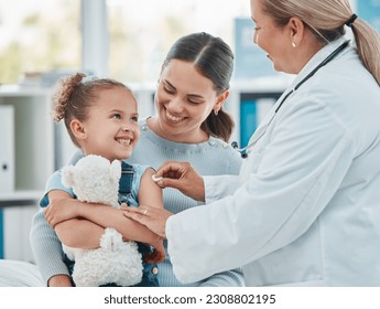 Pediatrician, girl and doctor with vaccine injection, cotton ball and flu shot on arm for disease or covid prevention in hospital. Woman, nurse and immunity of child against virus, bacteria or happy - Powered by Shutterstock