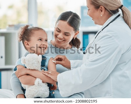 Pediatrician, girl and doctor with vaccine injection, cotton ball and flu shot on arm for disease or covid prevention in hospital. Woman, nurse and immunity of child against virus, bacteria or happy