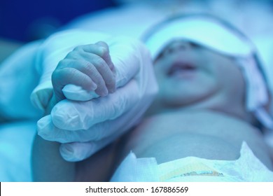 Pediatrician hold a baby's hand, under ultraviolet lamp in the incubator