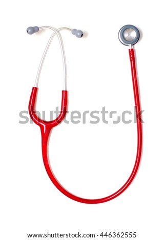 Pediatrician's red stethoscope isolated on white background