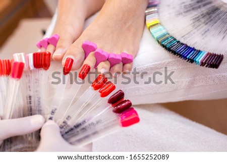 Pedicure concept, nail color palette, toe nails, nail polish color swatch