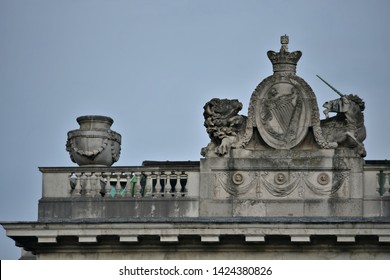 Pediment Detail Of The Historic Palladian Style Custom House In Downtown Dublin, Ireland. 