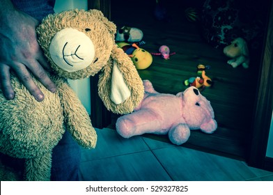 Pedophile with cuddly toy trying to steal child - kidnapping concept - retro style