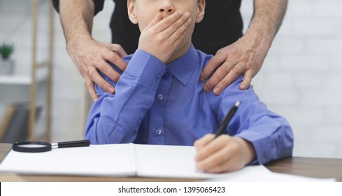 Pedophilia Concept. Boy Victim Of School Abuse. Teacher Hands On Boy's Shoulders