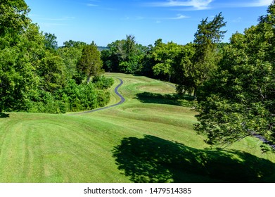 Peebles, Ohio / United States - August 4, 2019:  The Great Serpent Mound Prehistoric Adena Native American Effigy In Summer