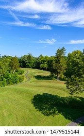 Peebles, Ohio / United States - August 4, 2019:  The Great Serpent Mound Prehistoric Adena Native American Effigy In Summer