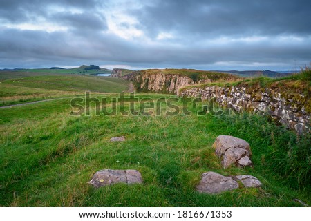 Peel Crags at Steel Rigg and Hadrian's Wall, a UNESCO World Heritage Site in the beautiful Northumberland National Park. popular with walkers along the Hadrian's Wall Path and Pennine Way