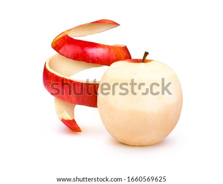 Peeled apple with peel on a white background