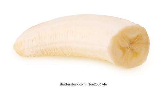 Peeled Banan Cut In Half Isolated On White Background. Clipping Path. Full Depth Of Field.