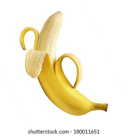 Peeled banana vertical isolated on white background