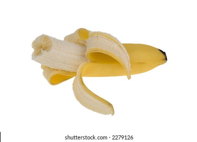 peeled, bitten banana on white
