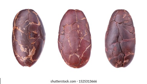 Peeled Cacao Beans, Isolated On White Background. Roasted And Aromatic Cocoa Beans, Natural Chocolate. Top View. Macro.