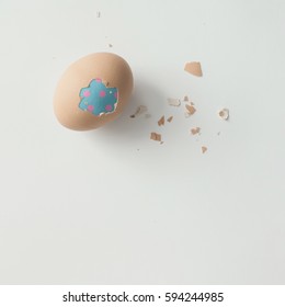 Peeled Egg With Double Shell And Copy Space. Flat Lay. Easter Concept.