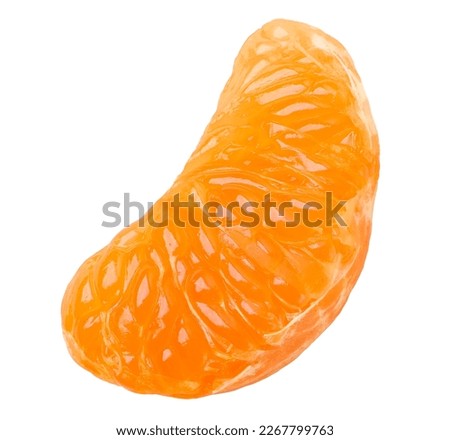 Peeled fresh mandarin, slice, white background, macro
