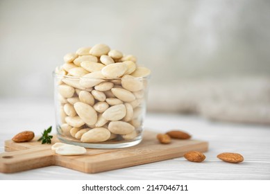 Peeled Large Almonds In A Glass Bowl, Close-up