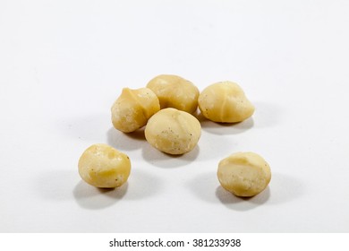 Peeled Macadamia Nut On A White Background