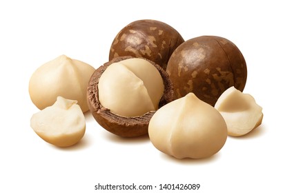 Peeled macadamia nuts. Horizontal composition isolated on white background. Package design element with clipping path