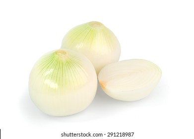 Peeled onions on a white background